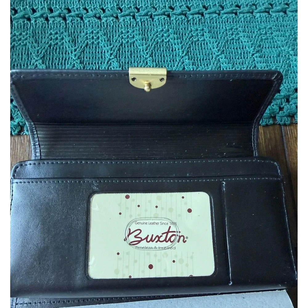 Buxton Black Genuine Leather Clutch Wallet Checkbook Organizer Gold Tone Snap